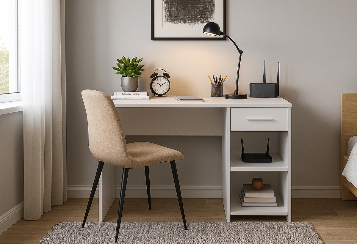 Απεικονίζεται το γραφείο Basis σε ένα υπνοδωμάτιο.